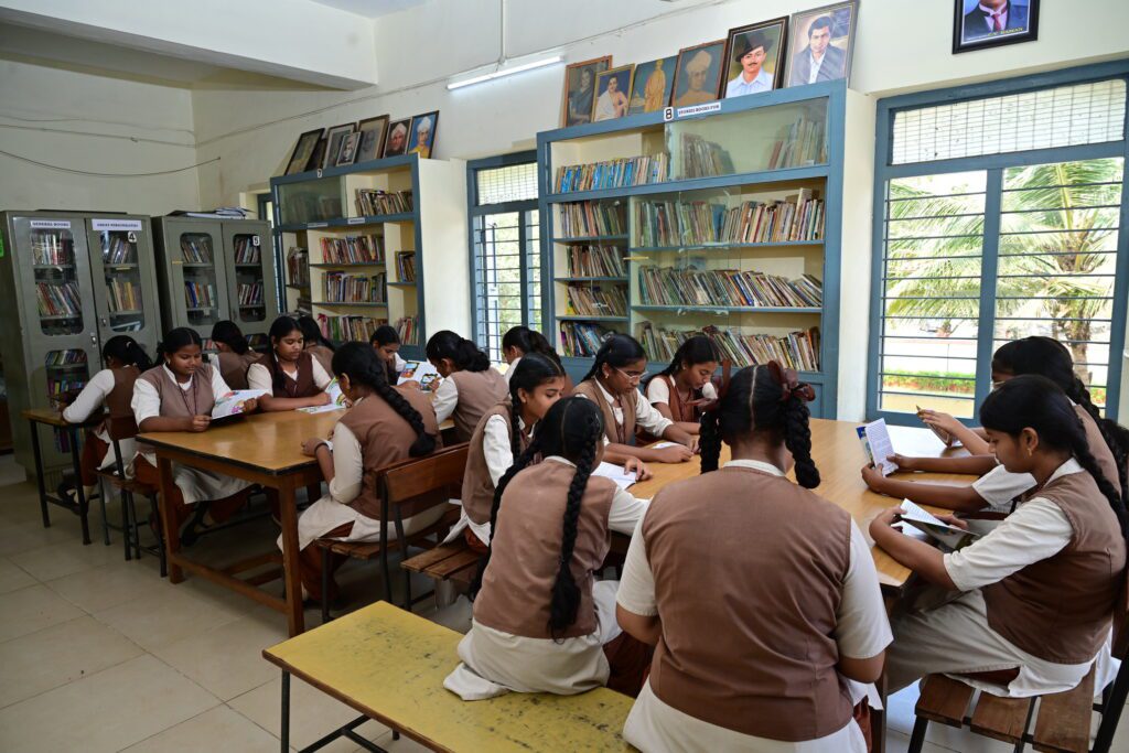 The library at Sir C.R. Reddy Public School with books and a reading space